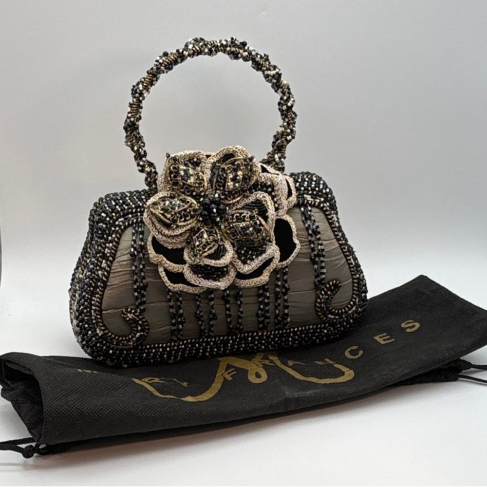 Vintage Mary Frances Black and Silver Beaded Handbag & Dust Bag Rare